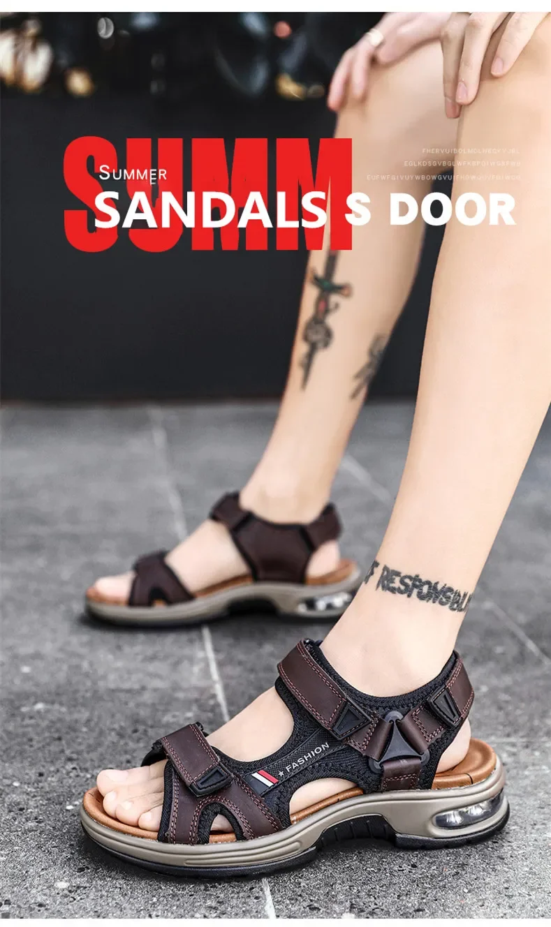 New Summer Genuine Leather Men Sandals Fashion Design Breathable Casual Shoes Men Soft Bottom Outdoor Beach Sandals Big Size 46