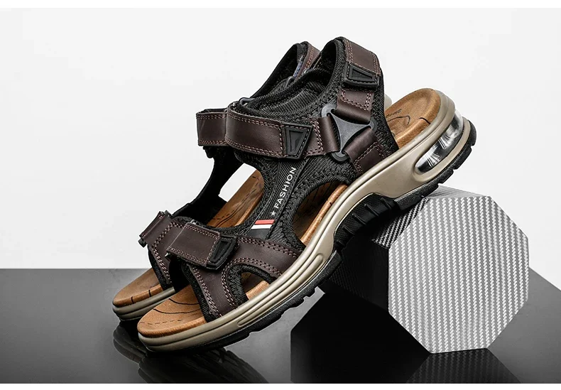 New Summer Genuine Leather Men Sandals Fashion Design Breathable Casual Shoes Men Soft Bottom Outdoor Beach Sandals Big Size 46