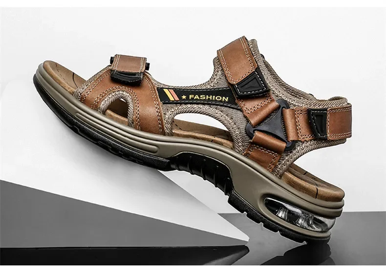 New Summer Genuine Leather Men Sandals Fashion Design Breathable Casual Shoes Men Soft Bottom Outdoor Beach Sandals Big Size 46