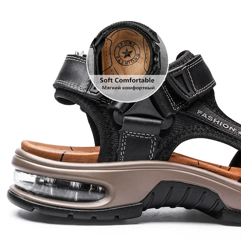 New Summer Genuine Leather Men Sandals Fashion Design Breathable Casual Shoes Men Soft Bottom Outdoor Beach Sandals Big Size 46