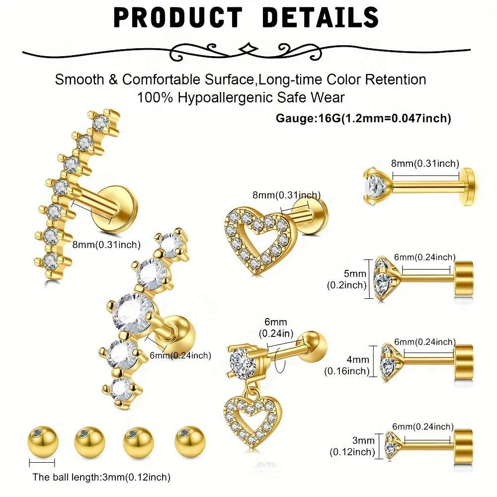 Stainless Steel 12pcs/set Cartilage Stud Earrings - Replaceable Ball Piercing Jewelry Accessories Set - Valentine's Day Gift