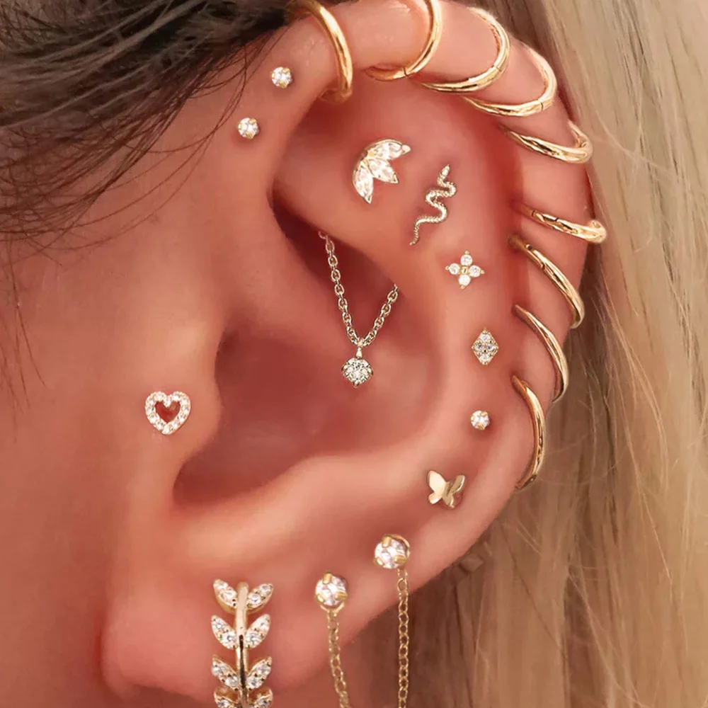 Stainless Steel 12pcs/set Cartilage Stud Earrings - Replaceable Ball Piercing Jewelry Accessories Set - Valentine's Day Gift