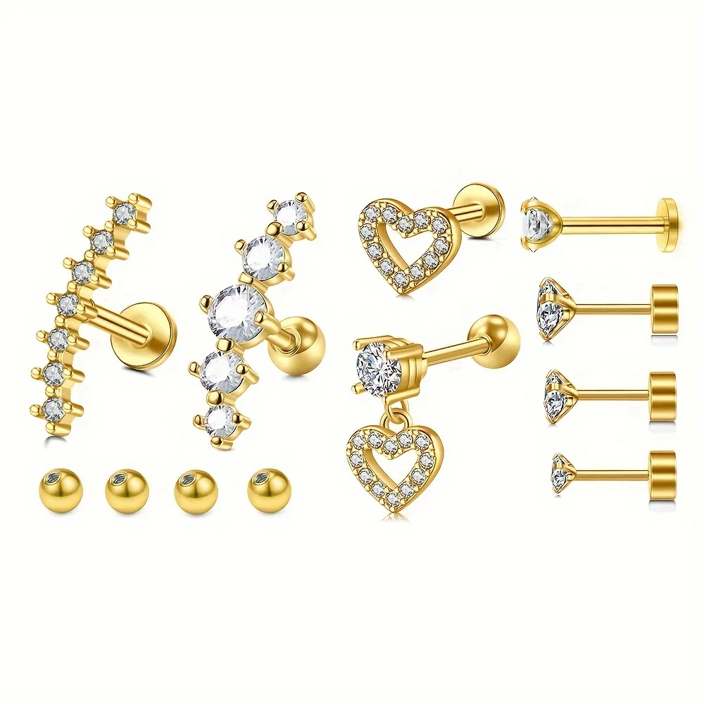 Stainless Steel 12pcs/set Cartilage Stud Earrings - Replaceable Ball Piercing Jewelry Accessories Set - Valentine's Day Gift