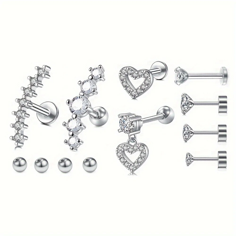 Stainless Steel 12pcs/set Cartilage Stud Earrings - Replaceable Ball Piercing Jewelry Accessories Set - Valentine's Day Gift