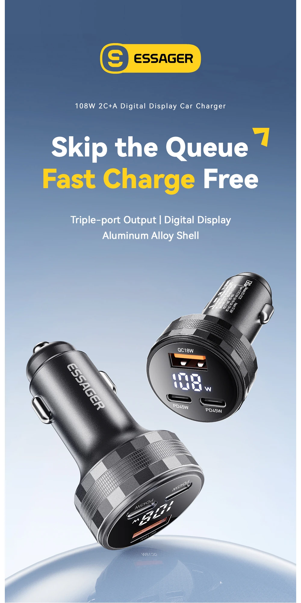 Essager 108W 3Ports USB Car Charger Digital Dispaly PD3.0 Fast Charging Quick Charge 3.0 Adapter for iPhone 16 15 Xiaomi Samsung