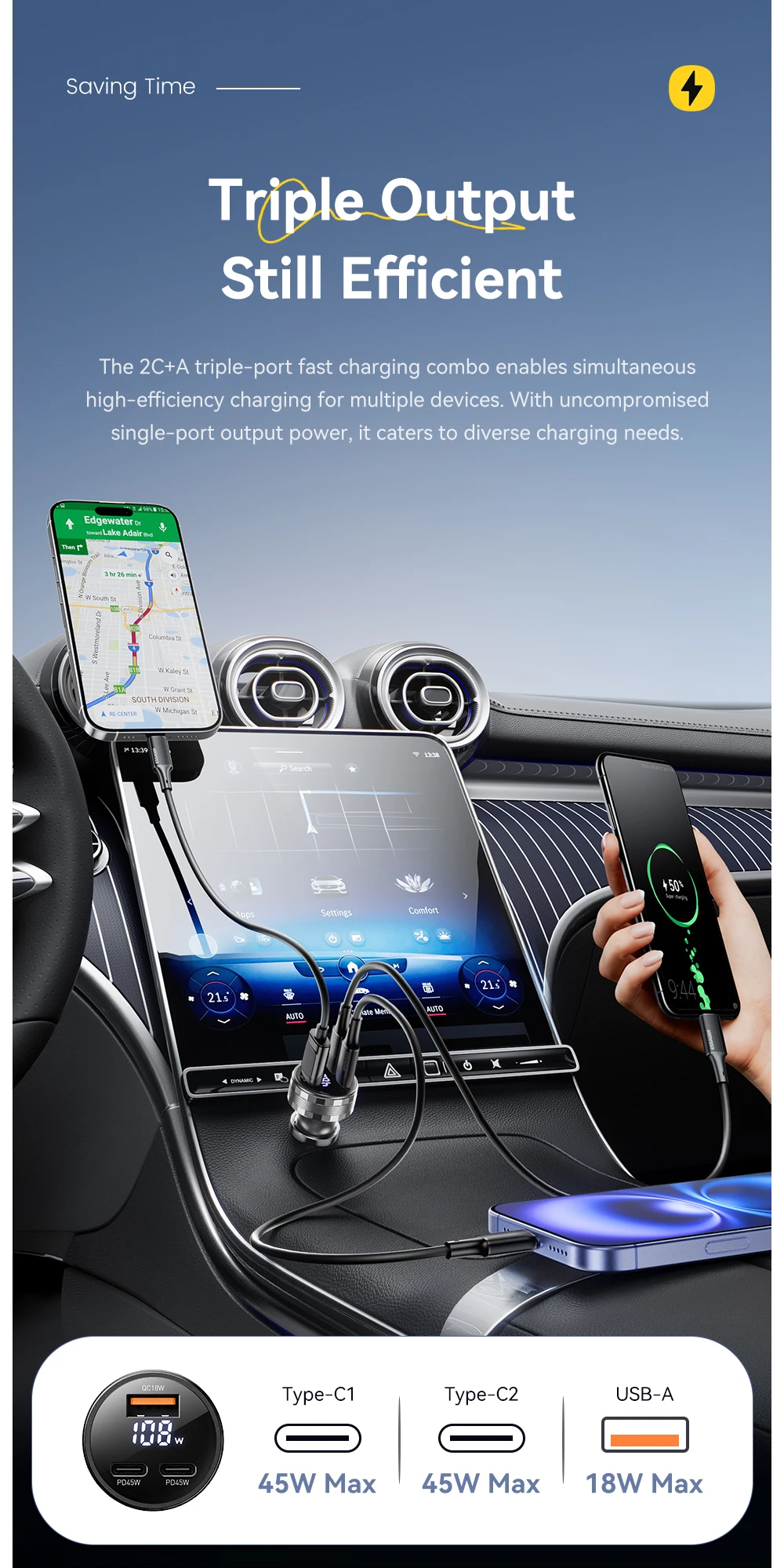 Essager 108W 3Ports USB Car Charger Digital Dispaly PD3.0 Fast Charging Quick Charge 3.0 Adapter for iPhone 16 15 Xiaomi Samsung