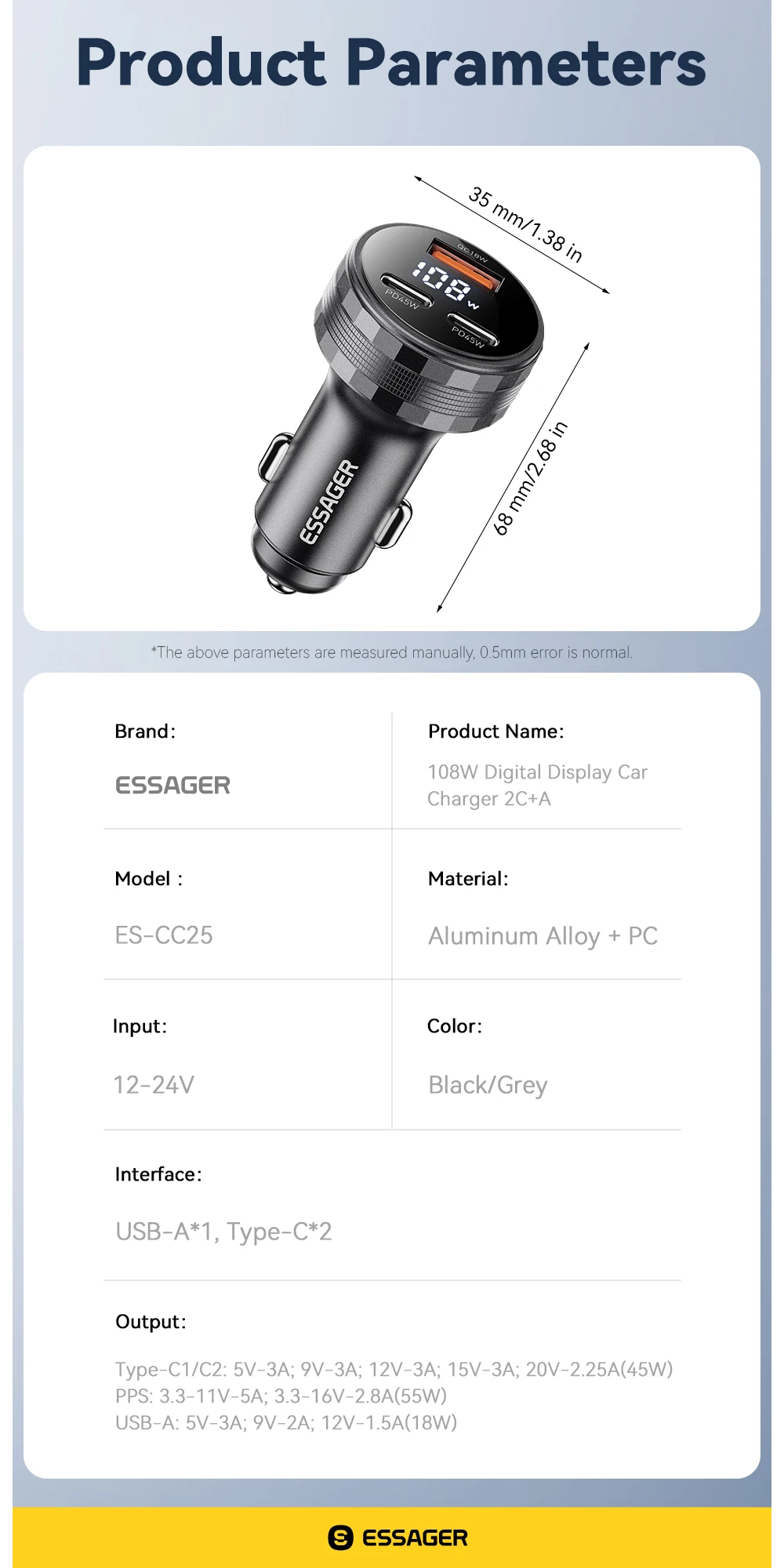 Essager 108W 3Ports USB Car Charger Digital Dispaly PD3.0 Fast Charging Quick Charge 3.0 Adapter for iPhone 16 15 Xiaomi Samsung