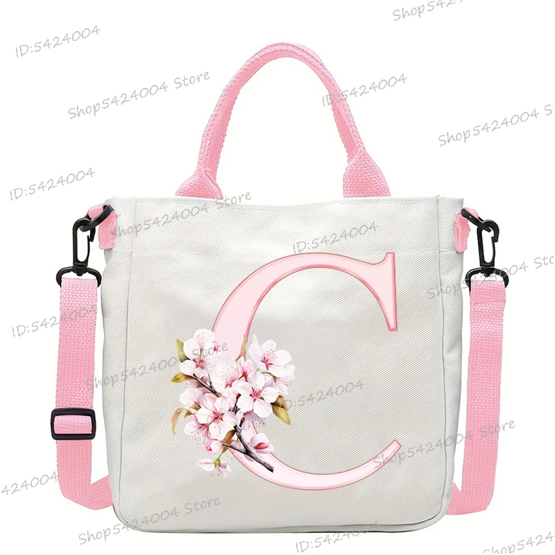 Sakura 26 Letter Canvas Shoulder Bag Aesthetics Alphabet A-Z Crossbody Bags Fashion Large Teenage Boys Girls Tote Handbag Gift