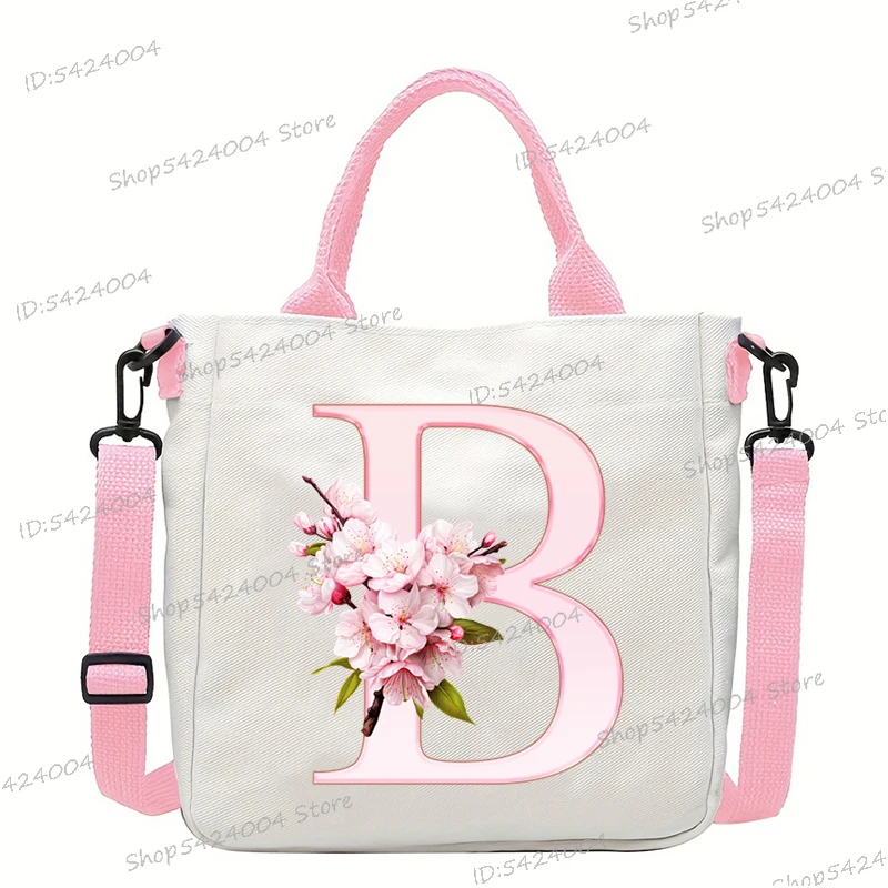 Sakura 26 Letter Canvas Shoulder Bag Aesthetics Alphabet A-Z Crossbody Bags Fashion Large Teenage Boys Girls Tote Handbag Gift