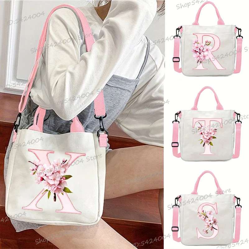 Sakura 26 Letter Canvas Shoulder Bag Aesthetics Alphabet A-Z Crossbody Bags Fashion Large Teenage Boys Girls Tote Handbag Gift