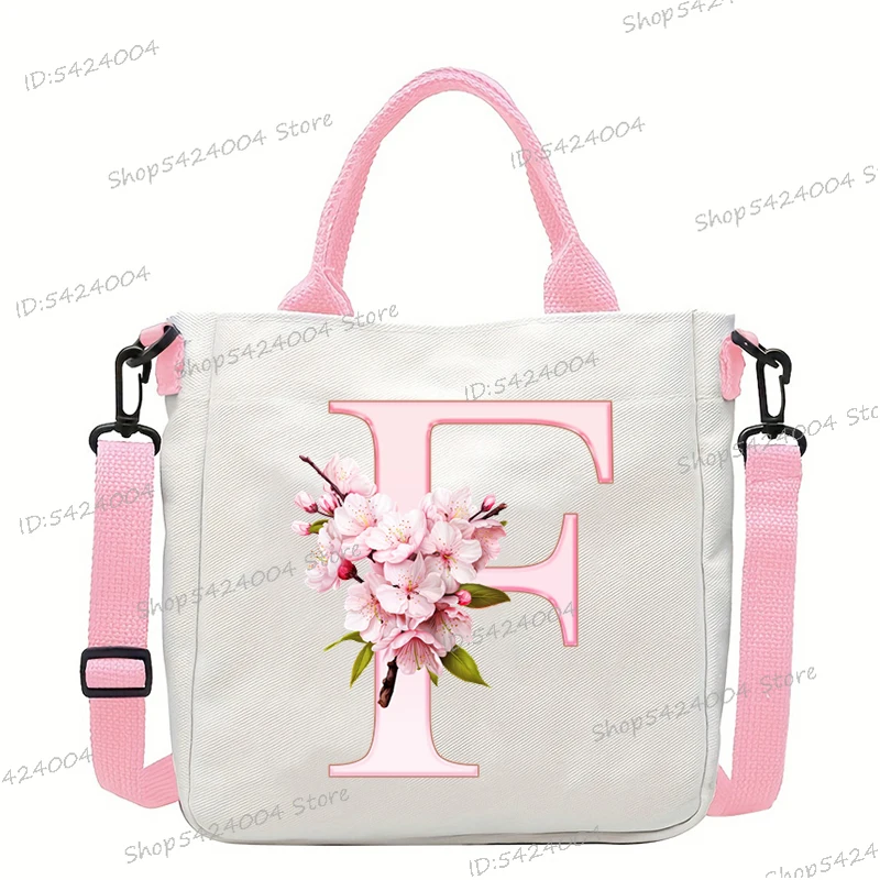 Sakura 26 Letter Canvas Shoulder Bag Aesthetics Alphabet A-Z Crossbody Bags Fashion Large Teenage Boys Girls Tote Handbag Gift