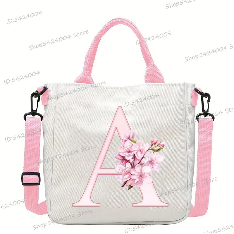Sakura 26 Letter Canvas Shoulder Bag Aesthetics Alphabet A-Z Crossbody Bags Fashion Large Teenage Boys Girls Tote Handbag Gift