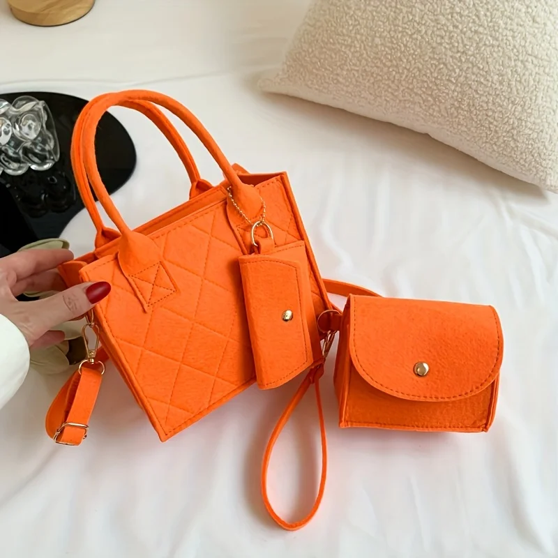 3pcs/set Embossed Women's Handbag Stylish Crossbody Bag Clutch and Wallet, Solid Color Square Shoulder Bag, Fabric for Daily Use