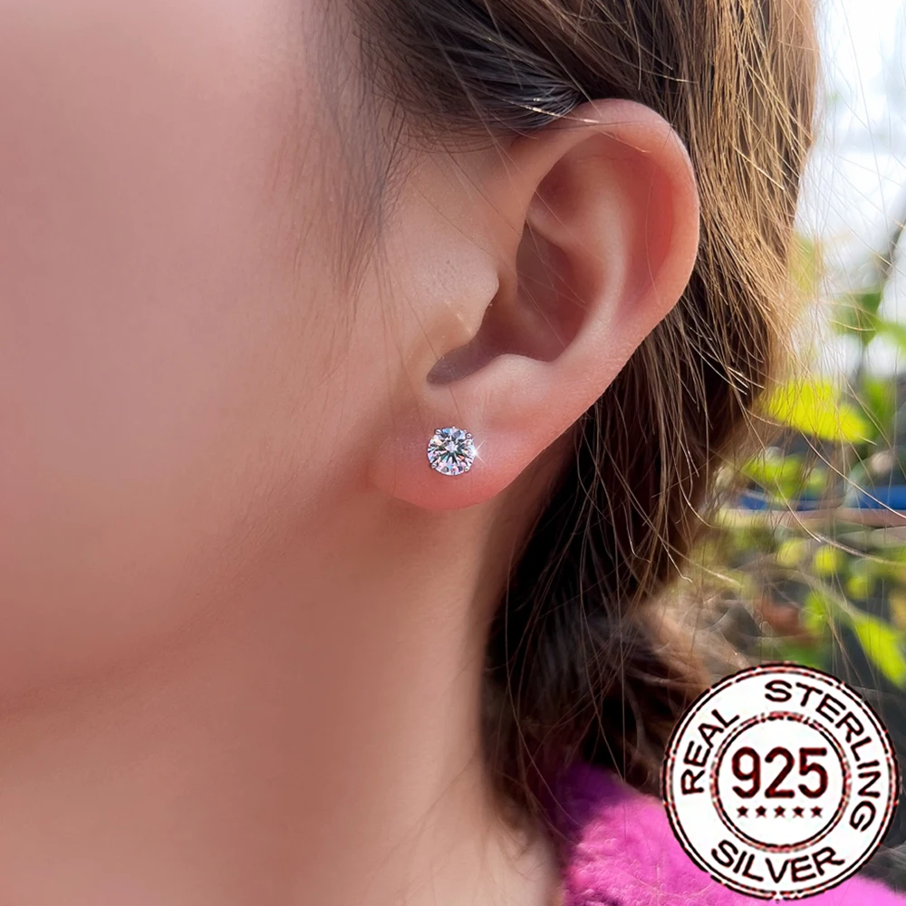 CWWZircons S925 Sterling Silver Shiny White Cubic Zirconia Paved Round Stud Earrings for Women Wedding Party Fine Jewelry SE120