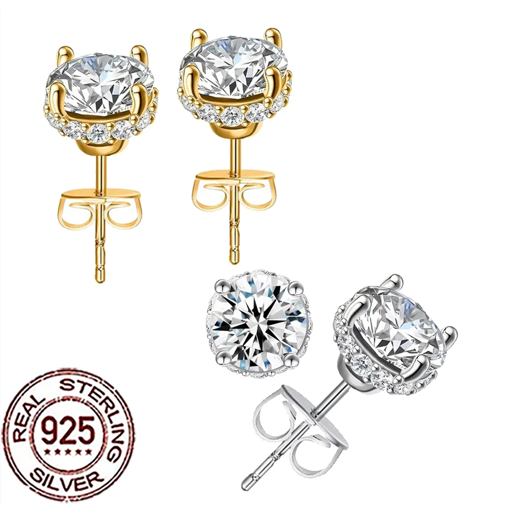 CWWZircons S925 Sterling Silver Shiny White Cubic Zirconia Paved Round Stud Earrings for Women Wedding Party Fine Jewelry SE120