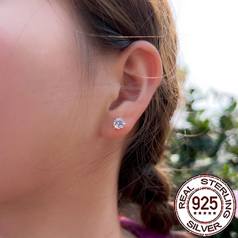 CWWZircons S925 Sterling Silver Shiny White Cubic Zirconia Paved Round Stud Earrings for Women Wedding Party Fine Jewelry SE120