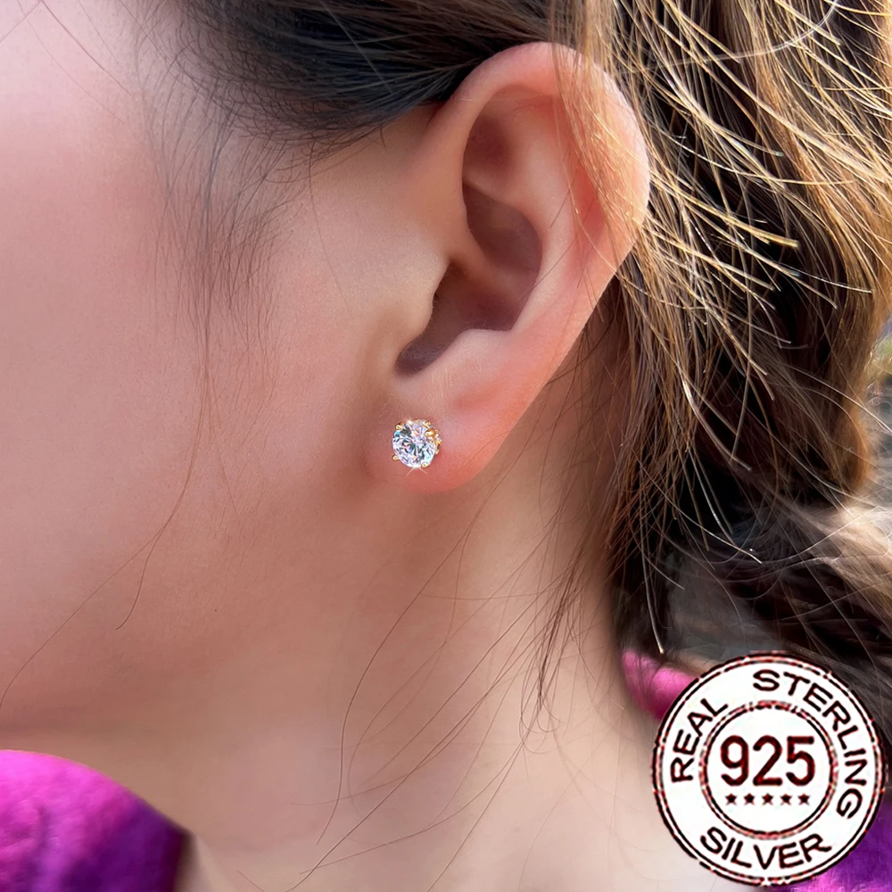 CWWZircons S925 Sterling Silver Shiny White Cubic Zirconia Paved Round Stud Earrings for Women Wedding Party Fine Jewelry SE120