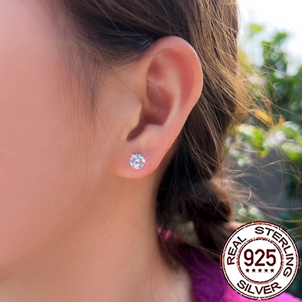 CWWZircons S925 Sterling Silver Shiny White Cubic Zirconia Paved Round Stud Earrings for Women Wedding Party Fine Jewelry SE120