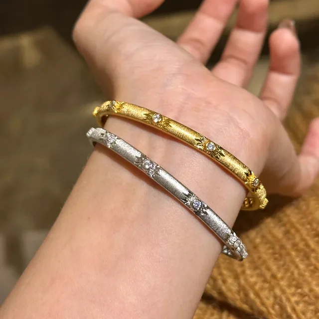 Sparkling art diamond inlaid woven sunflower bracelets for Women silver 925 luxury brushed High quality bangles wedding jewelry