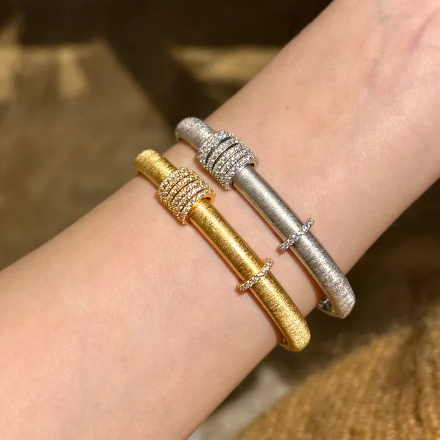Sparkling art diamond inlaid woven sunflower bracelets for Women silver 925 luxury brushed High quality bangles wedding jewelry