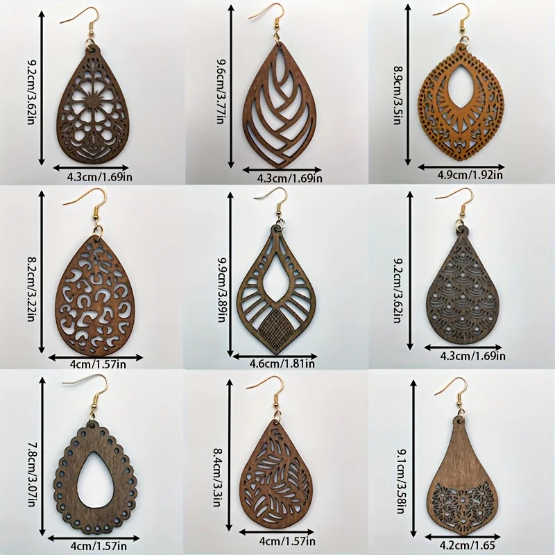 9 Pairs/Set Cut Out Carved Drop-Shaped Wooden Earrings Simple Bohemian Retro Holiday Style Exquisite Gift for Women