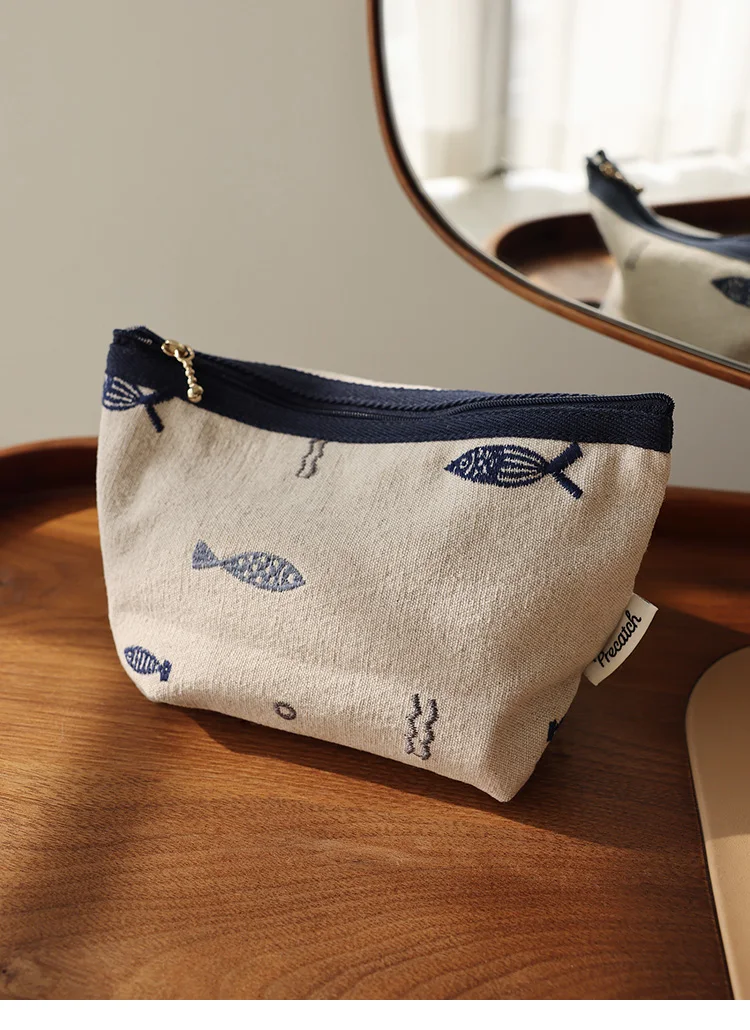 Embroidered Cosmetic Bag Literary Simple Storage Bag Travel Portable Zipper Makeup Bag Ethnic Style Liner Handmade Medium Bag