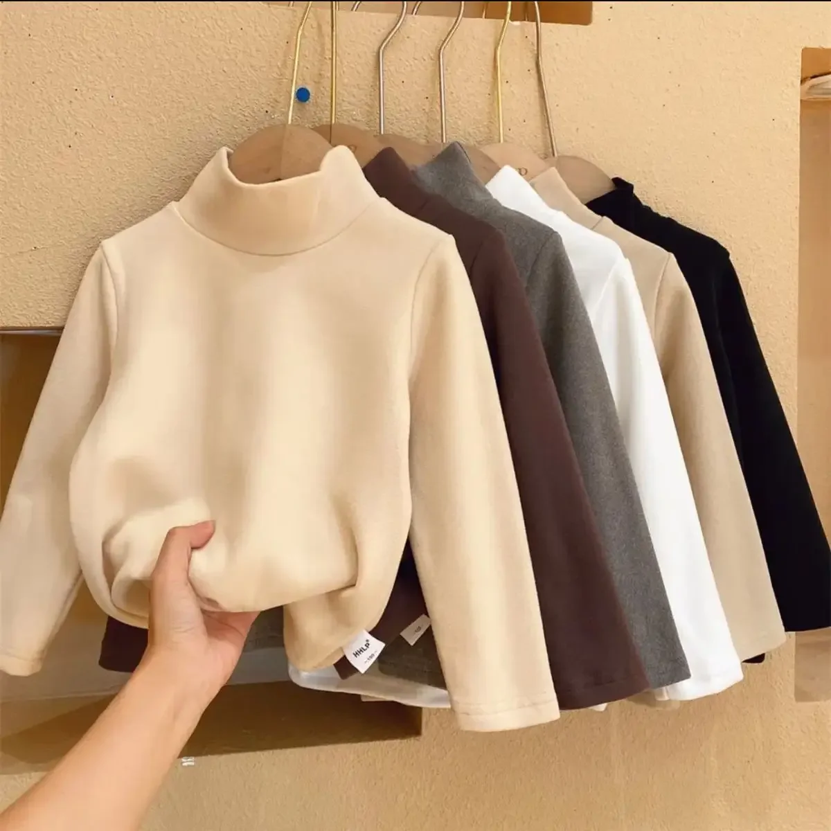 Winter Baby Warm Top Boys Girls Velvet Inner Solid Color Bottom Children's Half High Collar Long Sleeve T-shirt Kids Clothes