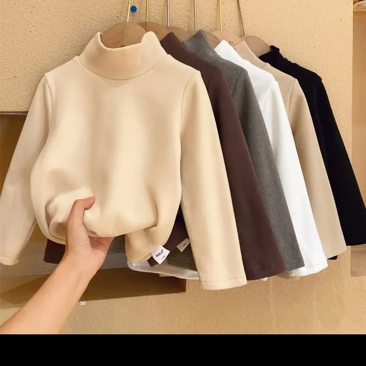 Winter Baby Warm Top Boys Girls Velvet Inner Solid Color Bottom Children's Half High Collar Long Sleeve T-shirt Kids Clothes