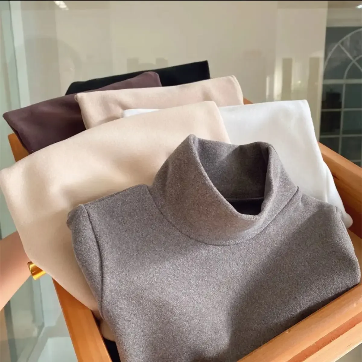 Winter Baby Warm Top Boys Girls Velvet Inner Solid Color Bottom Children's Half High Collar Long Sleeve T-shirt Kids Clothes