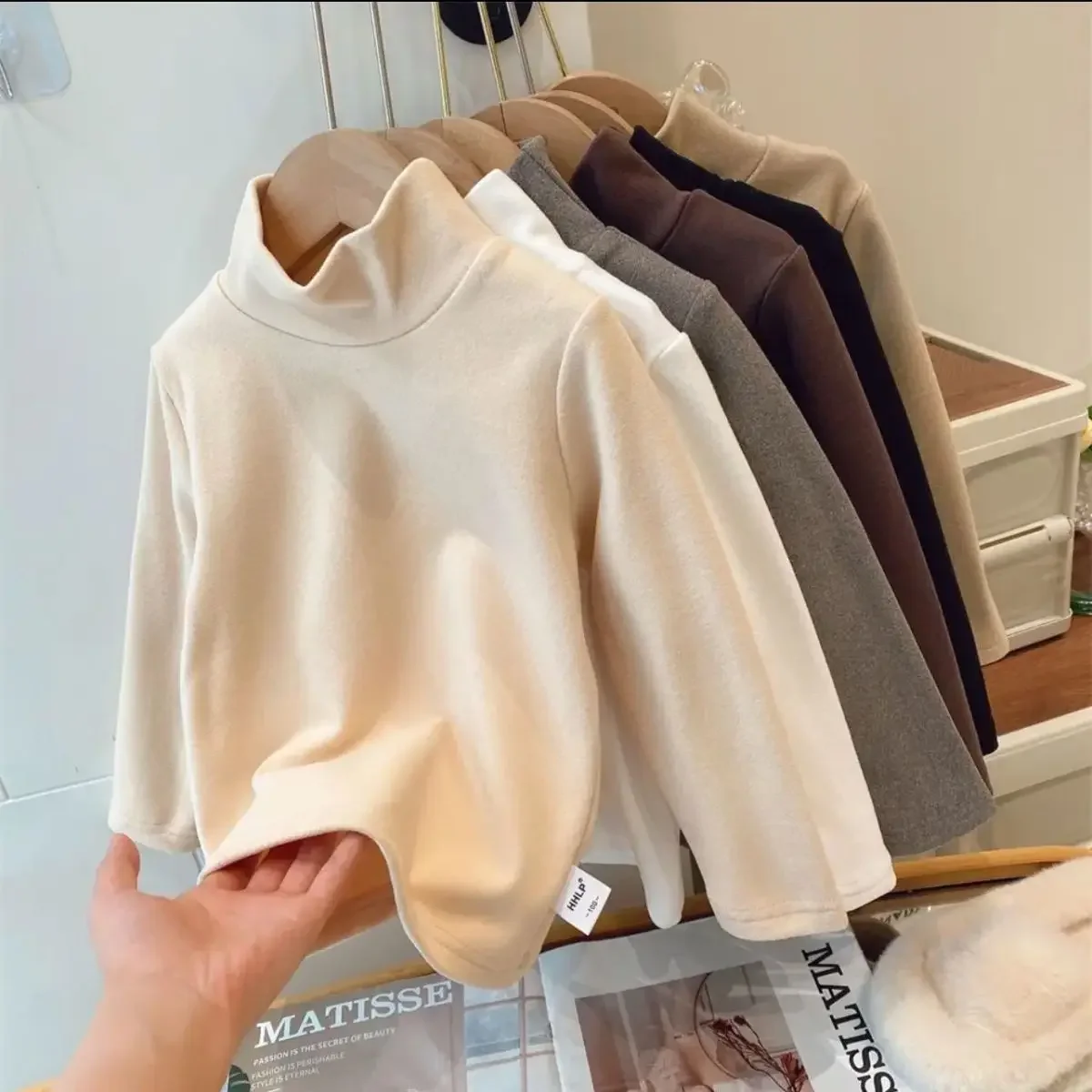 Winter Baby Warm Top Boys Girls Velvet Inner Solid Color Bottom Children's Half High Collar Long Sleeve T-shirt Kids Clothes