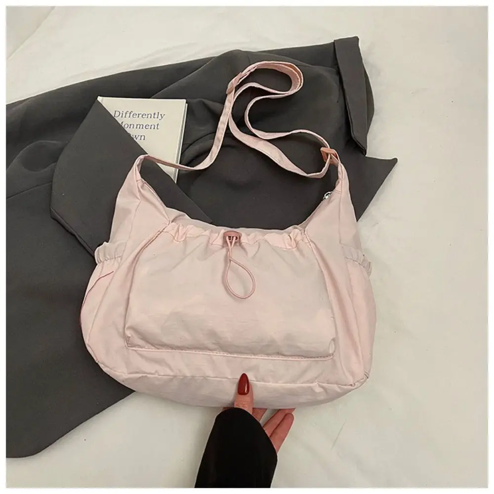 Sweet Korean Style Nylon Shoulder Bag Pleated Handbag Crossbody Bag Lightweight Tote Bag Drawstring Bag Outdoor