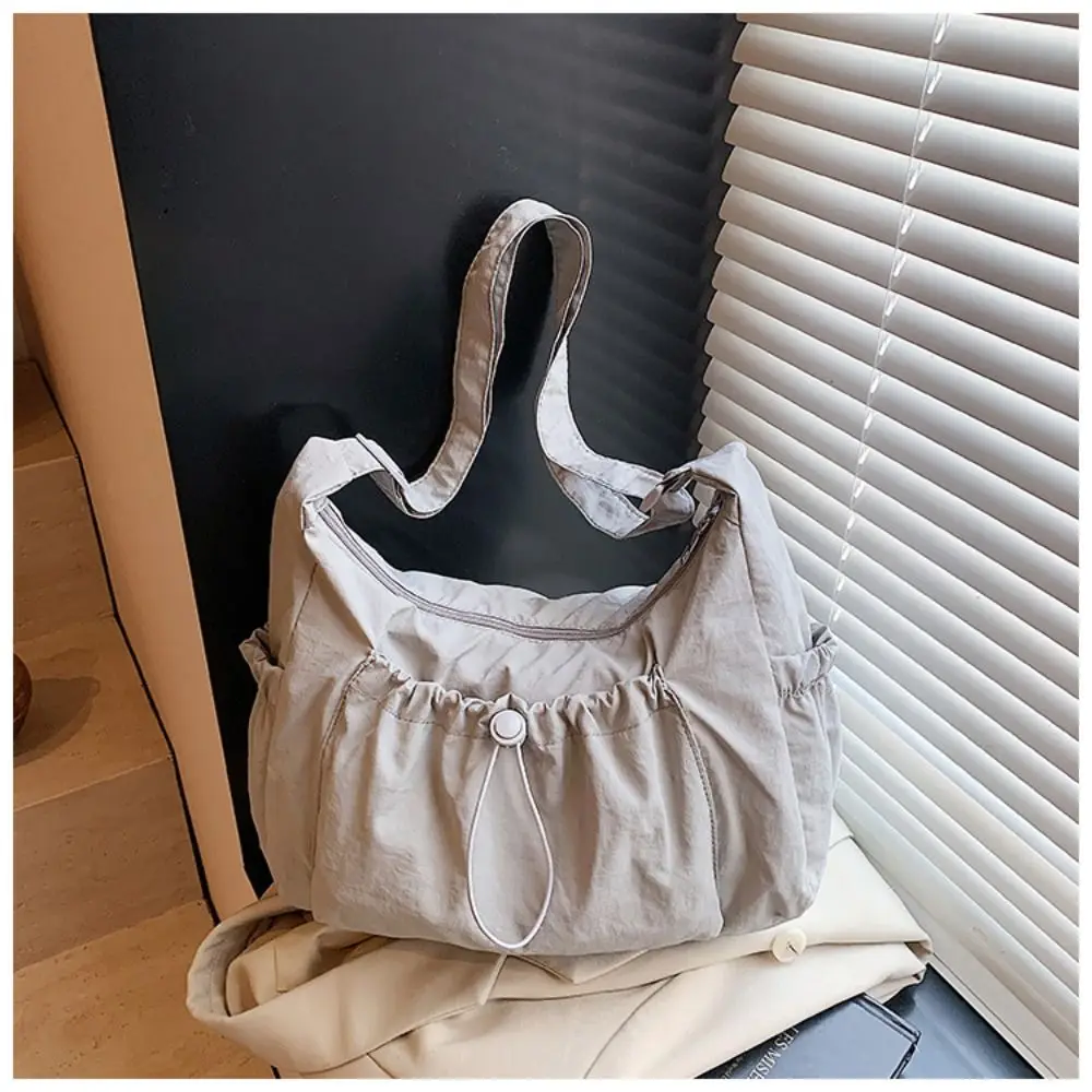 Sweet Korean Style Nylon Shoulder Bag Pleated Handbag Crossbody Bag Lightweight Tote Bag Drawstring Bag Outdoor