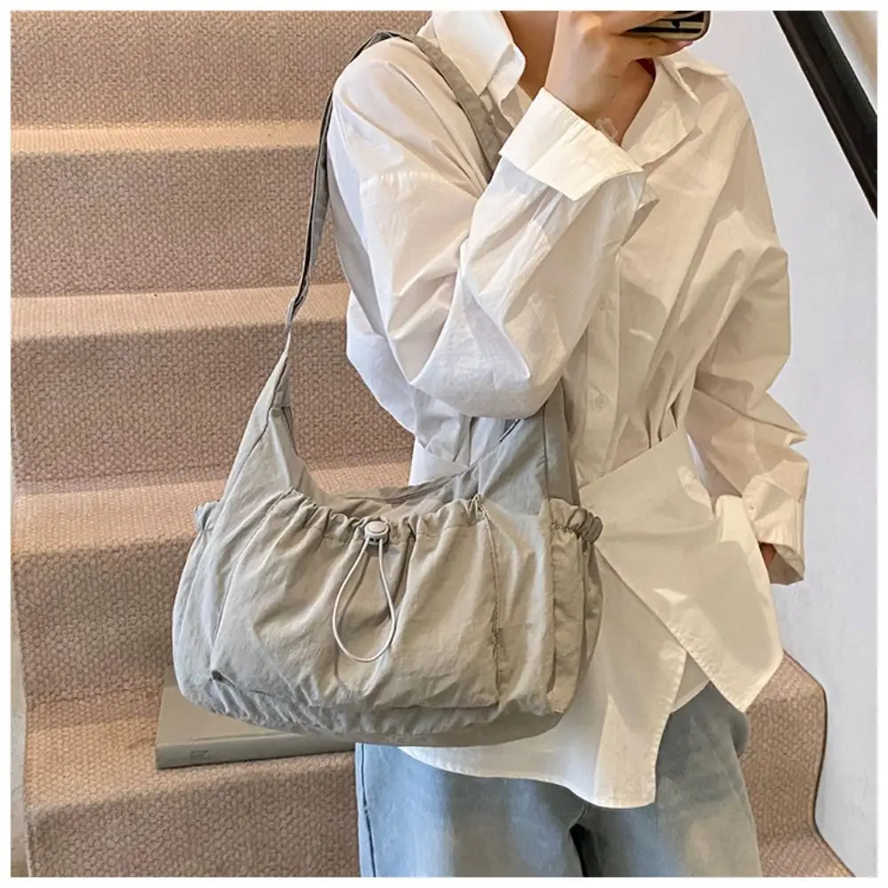Sweet Korean Style Nylon Shoulder Bag Pleated Handbag Crossbody Bag Lightweight Tote Bag Drawstring Bag Outdoor
