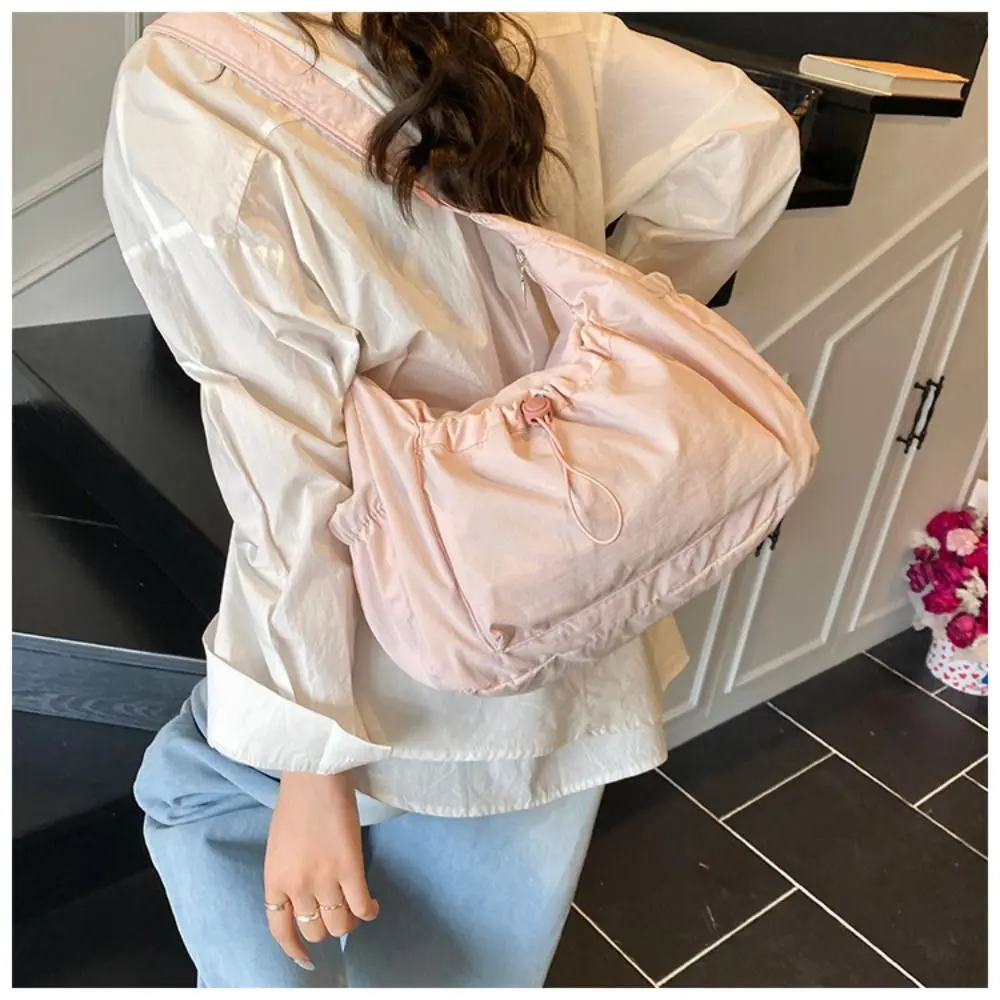 Sweet Korean Style Nylon Shoulder Bag Pleated Handbag Crossbody Bag Lightweight Tote Bag Drawstring Bag Outdoor