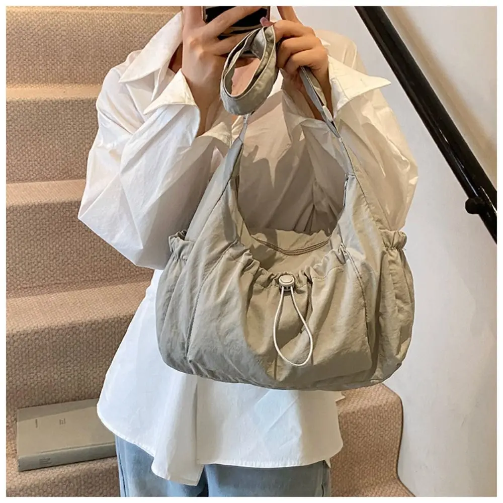 Sweet Korean Style Nylon Shoulder Bag Pleated Handbag Crossbody Bag Lightweight Tote Bag Drawstring Bag Outdoor