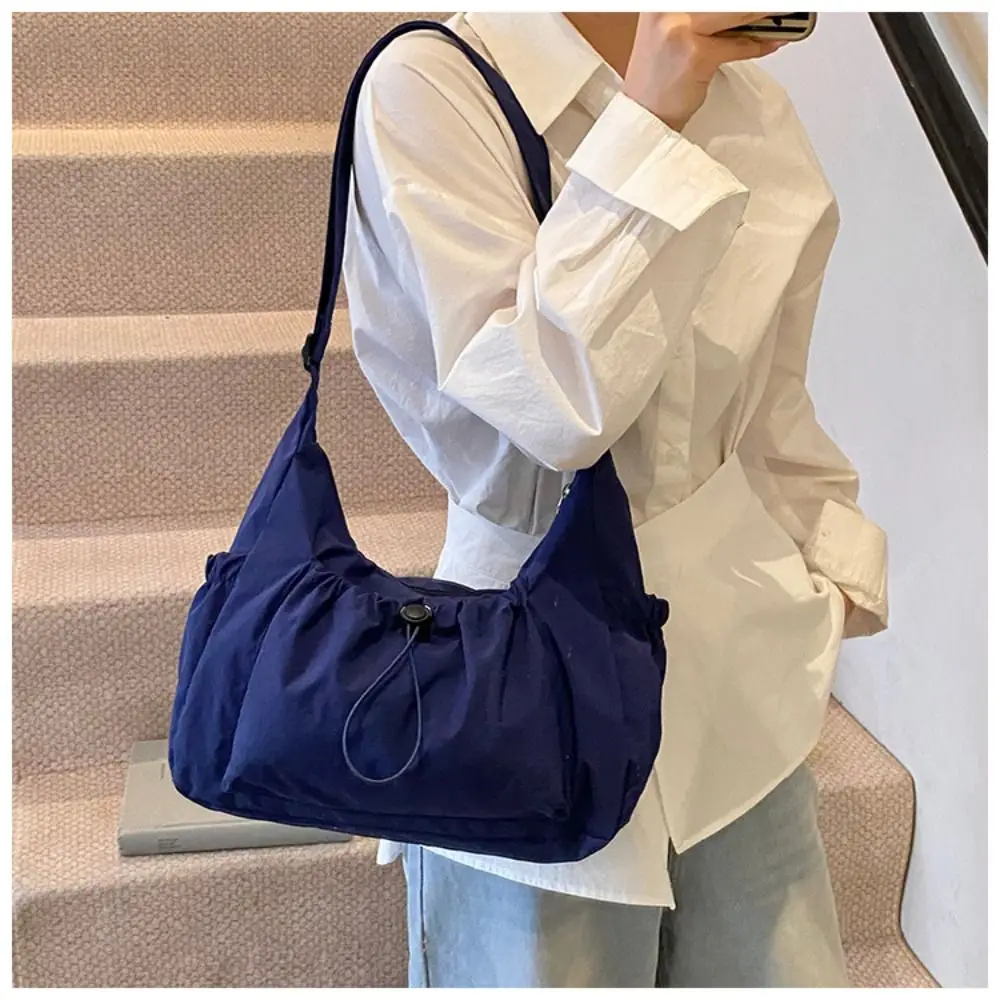 Sweet Korean Style Nylon Shoulder Bag Pleated Handbag Crossbody Bag Lightweight Tote Bag Drawstring Bag Outdoor