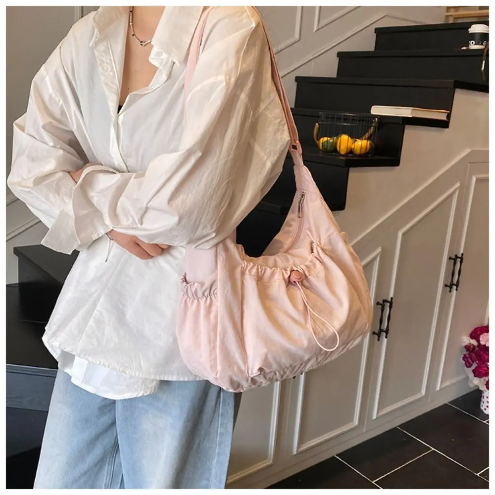 Sweet Korean Style Nylon Shoulder Bag Pleated Handbag Crossbody Bag Lightweight Tote Bag Drawstring Bag Outdoor