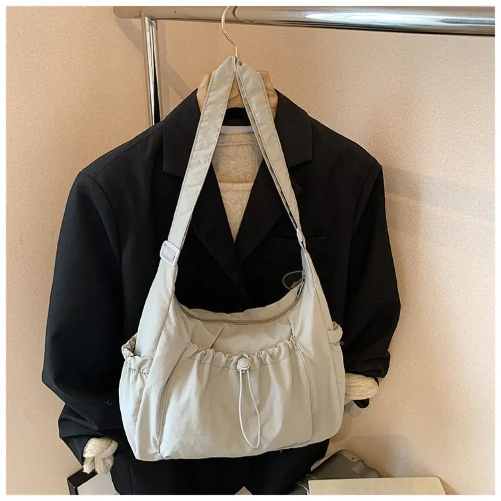 Sweet Korean Style Nylon Shoulder Bag Pleated Handbag Crossbody Bag Lightweight Tote Bag Drawstring Bag Outdoor