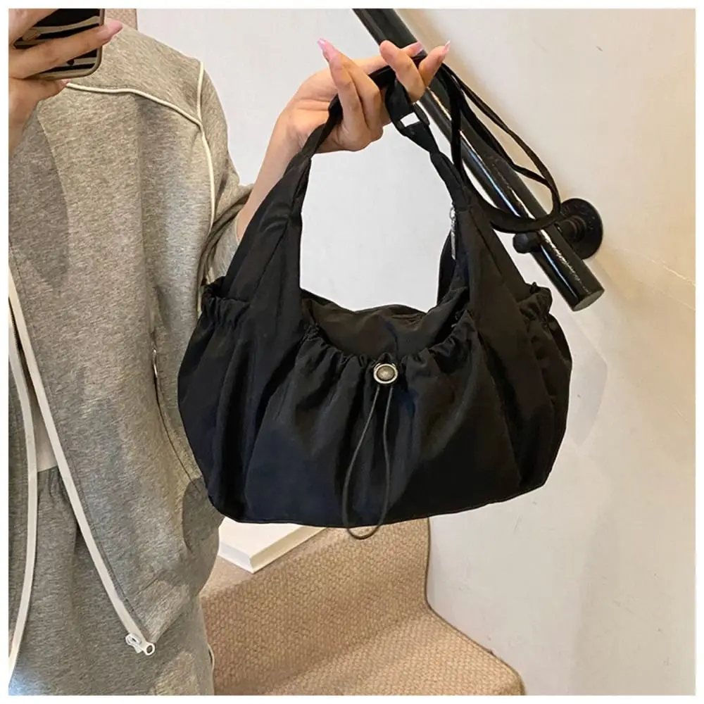 Sweet Korean Style Nylon Shoulder Bag Pleated Handbag Crossbody Bag Lightweight Tote Bag Drawstring Bag Outdoor