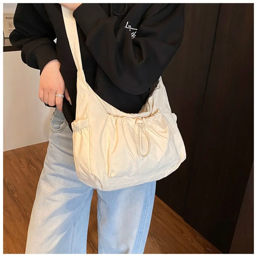 Sweet Korean Style Nylon Shoulder Bag Pleated Handbag Crossbody Bag Lightweight Tote Bag Drawstring Bag Outdoor