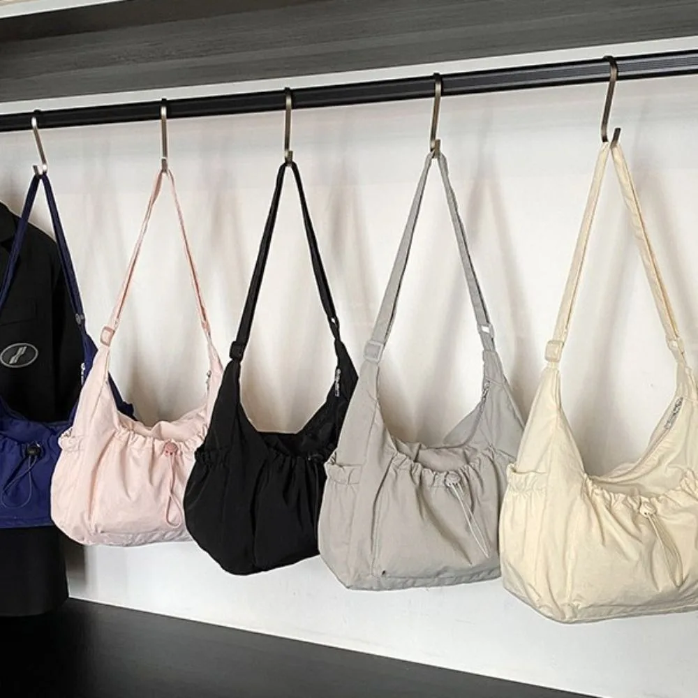 Sweet Korean Style Nylon Shoulder Bag Pleated Handbag Crossbody Bag Lightweight Tote Bag Drawstring Bag Outdoor