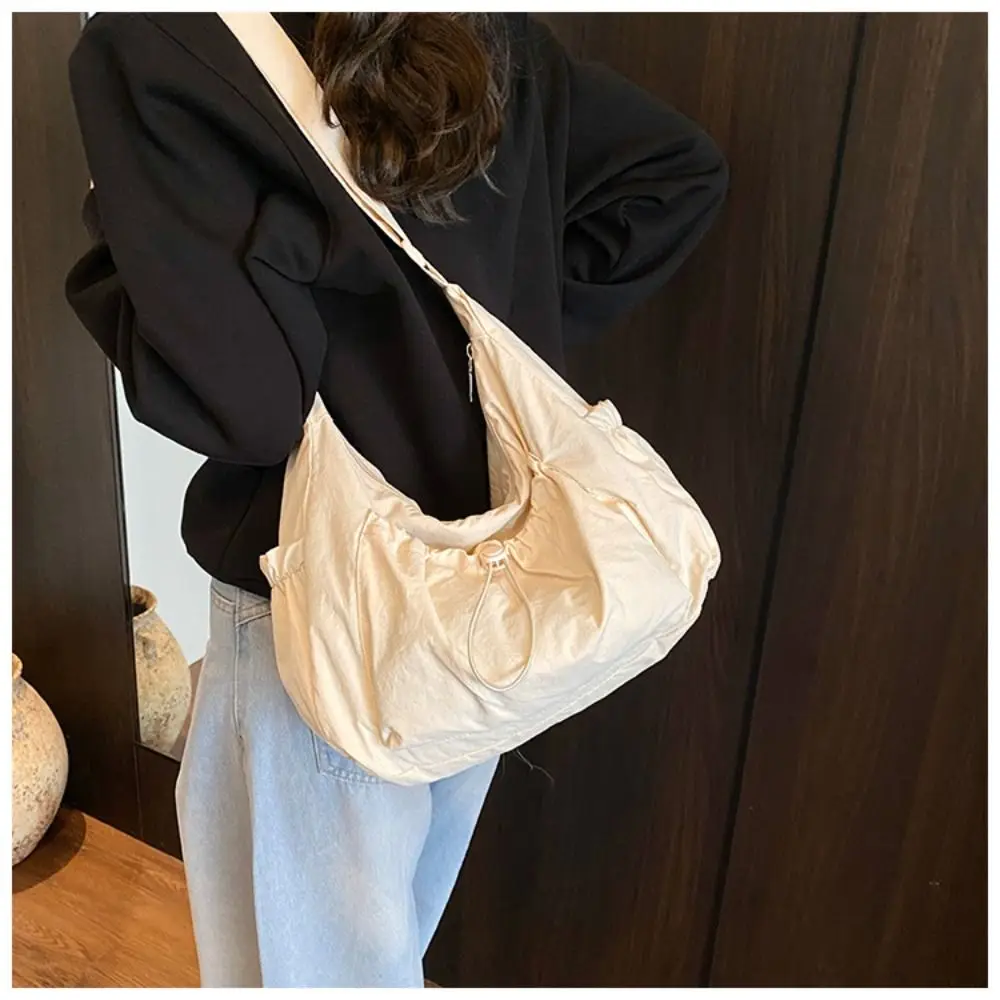 Sweet Korean Style Nylon Shoulder Bag Pleated Handbag Crossbody Bag Lightweight Tote Bag Drawstring Bag Outdoor