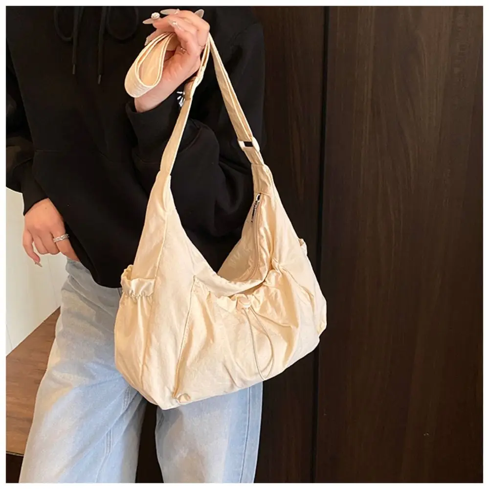 Sweet Korean Style Nylon Shoulder Bag Pleated Handbag Crossbody Bag Lightweight Tote Bag Drawstring Bag Outdoor