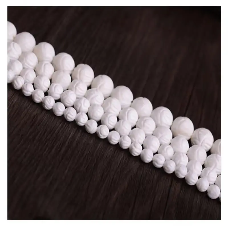 Natural 6/8/10 mm Beads White Lotus Carving Tridacna Shell Stone Buddha Prayer For Jewelry Making DIY Bracelet Necklace