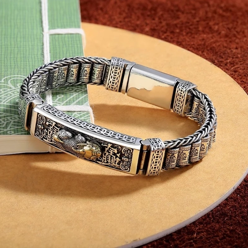 Factory Price S925 Sterling Silver Retro Lucky Pixiu Man Bracelet Thick Style Domineering Trend Personality Jewelry Gift