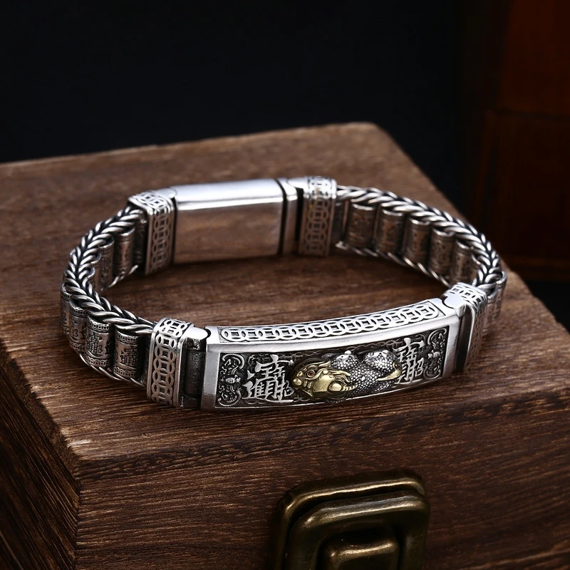 Factory Price S925 Sterling Silver Retro Lucky Pixiu Man Bracelet Thick Style Domineering Trend Personality Jewelry Gift