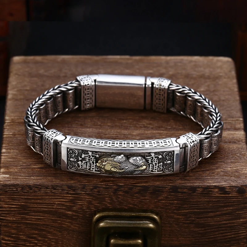 Factory Price S925 Sterling Silver Retro Lucky Pixiu Man Bracelet Thick Style Domineering Trend Personality Jewelry Gift