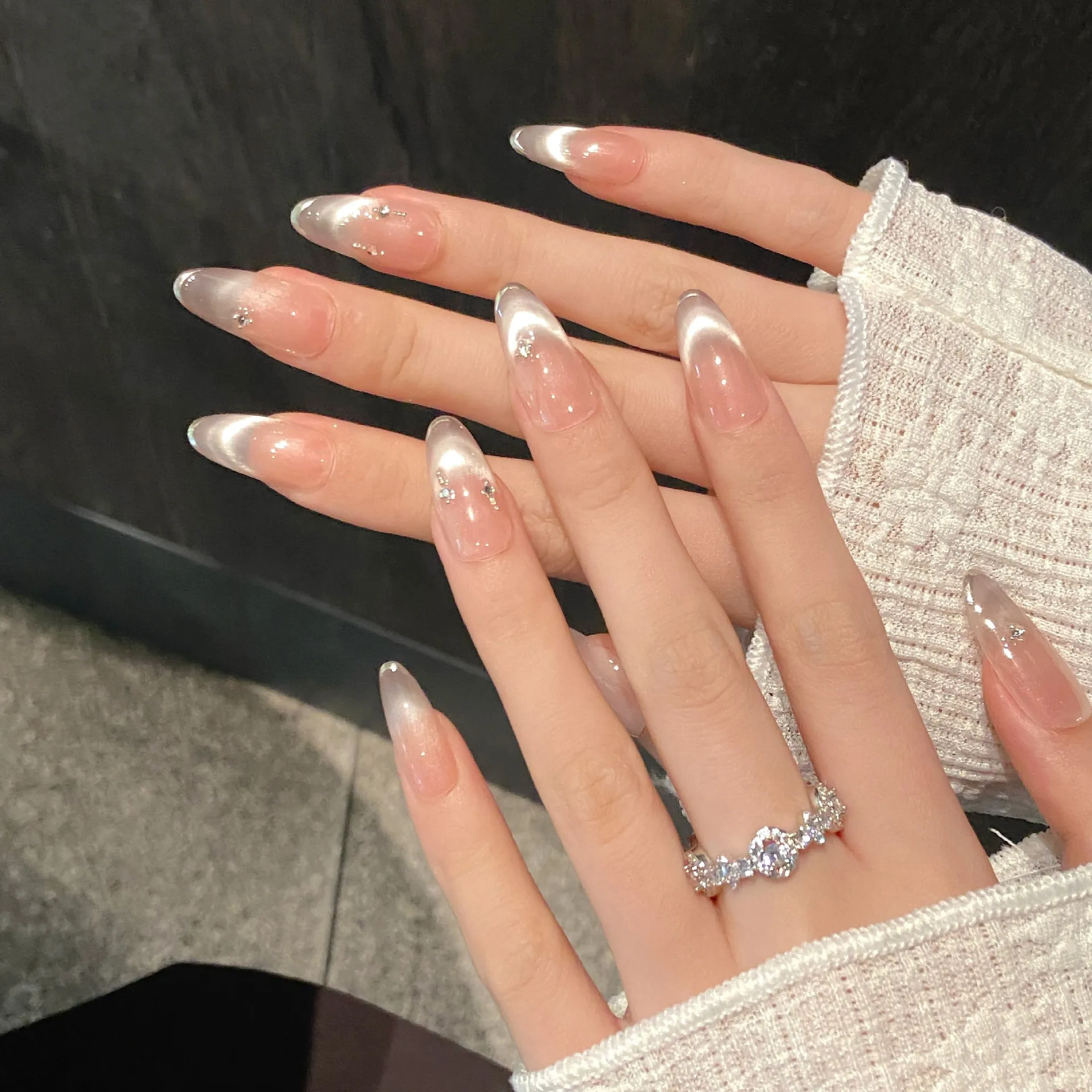 10 PCS Luxury Handmade Press on Nails Almond Purple Tenderness Design with 3-PIECE Tool Adhesive Nail Glue Tabs
