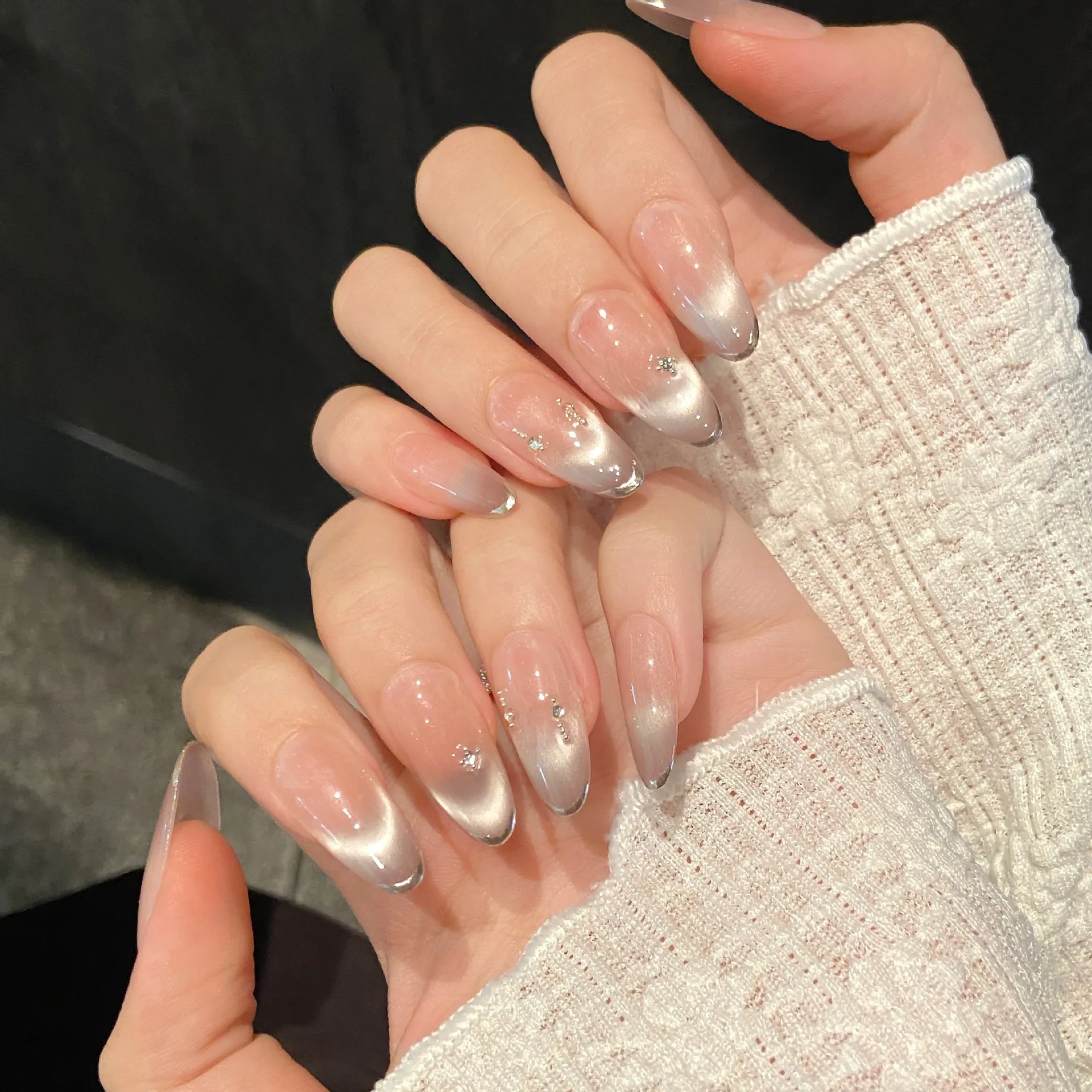 10 PCS Luxury Handmade Press on Nails Almond Purple Tenderness Design with 3-PIECE Tool Adhesive Nail Glue Tabs