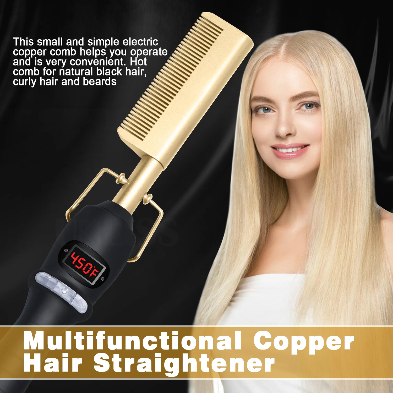 2 In1 Hot Comb Hair Straightener Electric Heating Comb Fast Heating Portable Travel Anti-Scald Beard Straightener Press Comb